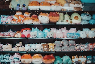Shelves are filled with adorable plush toys.