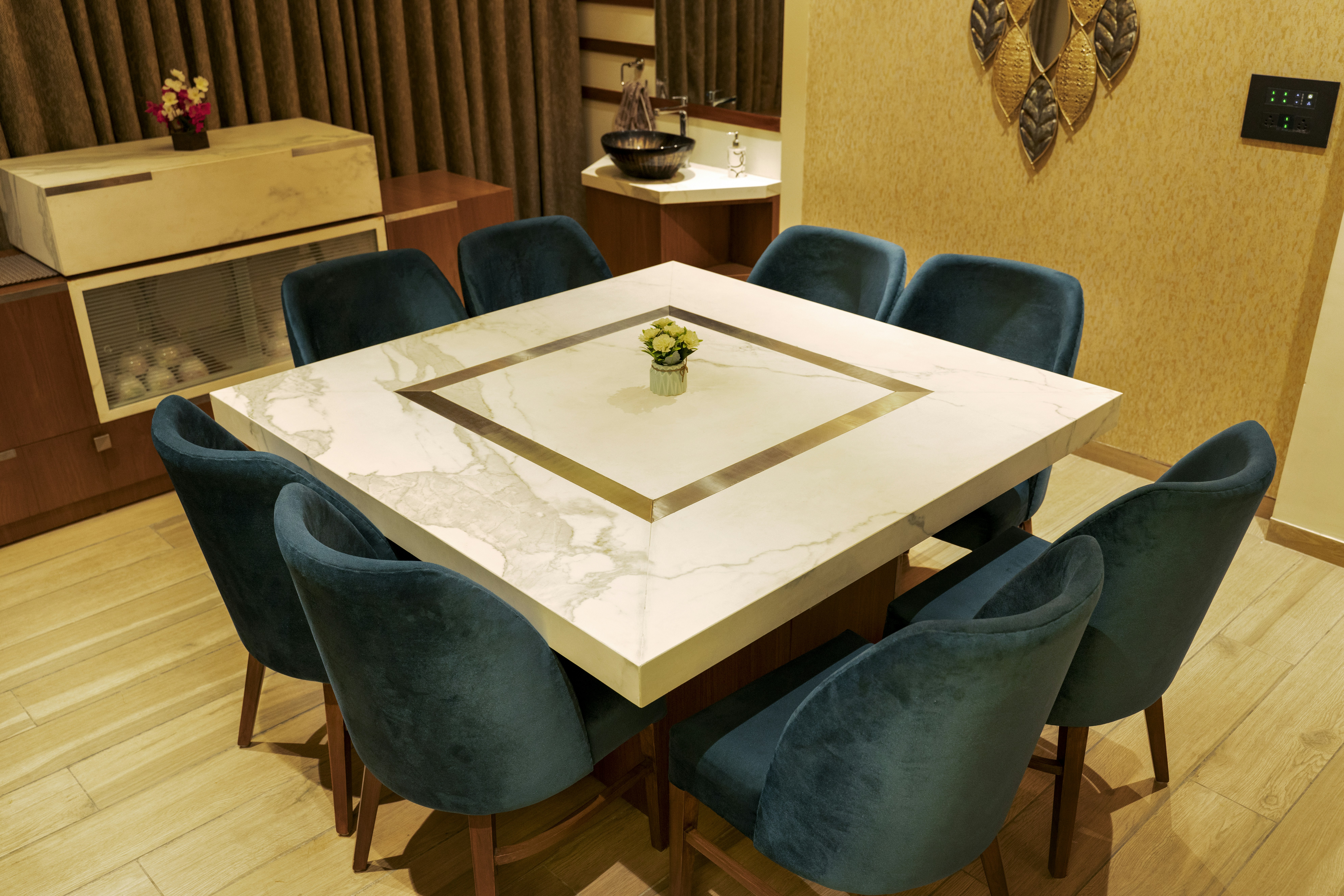 Modern dining room setup showing six chairs arranged around a table with proper spacing, pendant lighting, and coordinated rug - dining room chairs set of 6