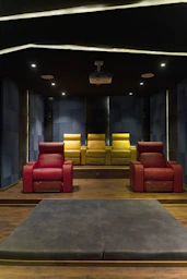 A luxurious home theater room with comfortable seating.