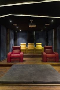 A luxurious home theater room with comfortable seating.