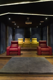A luxurious home theater room with comfortable seating.