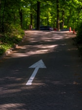 The white arrow points up the road.