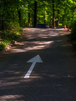 The white arrow points up the road.