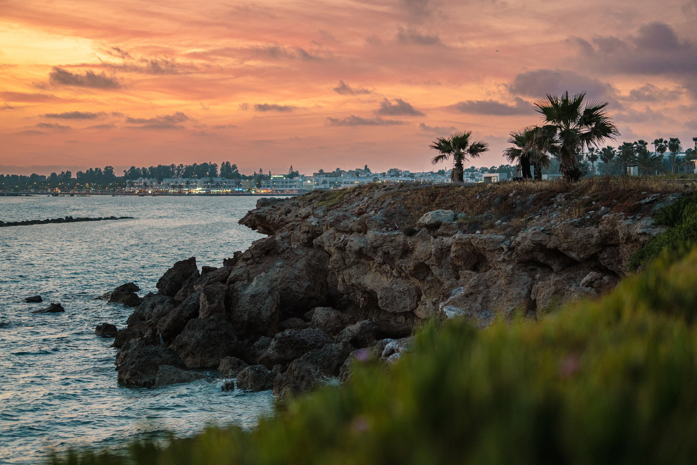 Rocky Cyprus shoreline at sunset with palm trees on the headland and the lights of a coastal town along the bay beyond