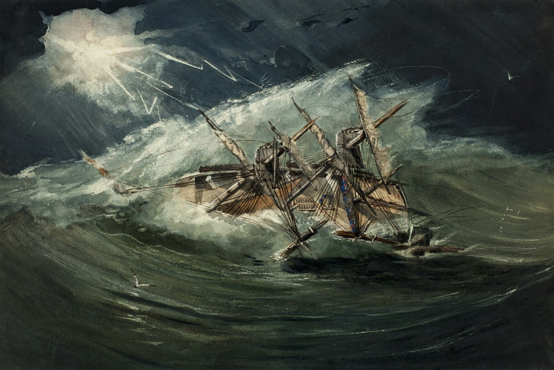 A sailing ship battles rough seas during a storm.