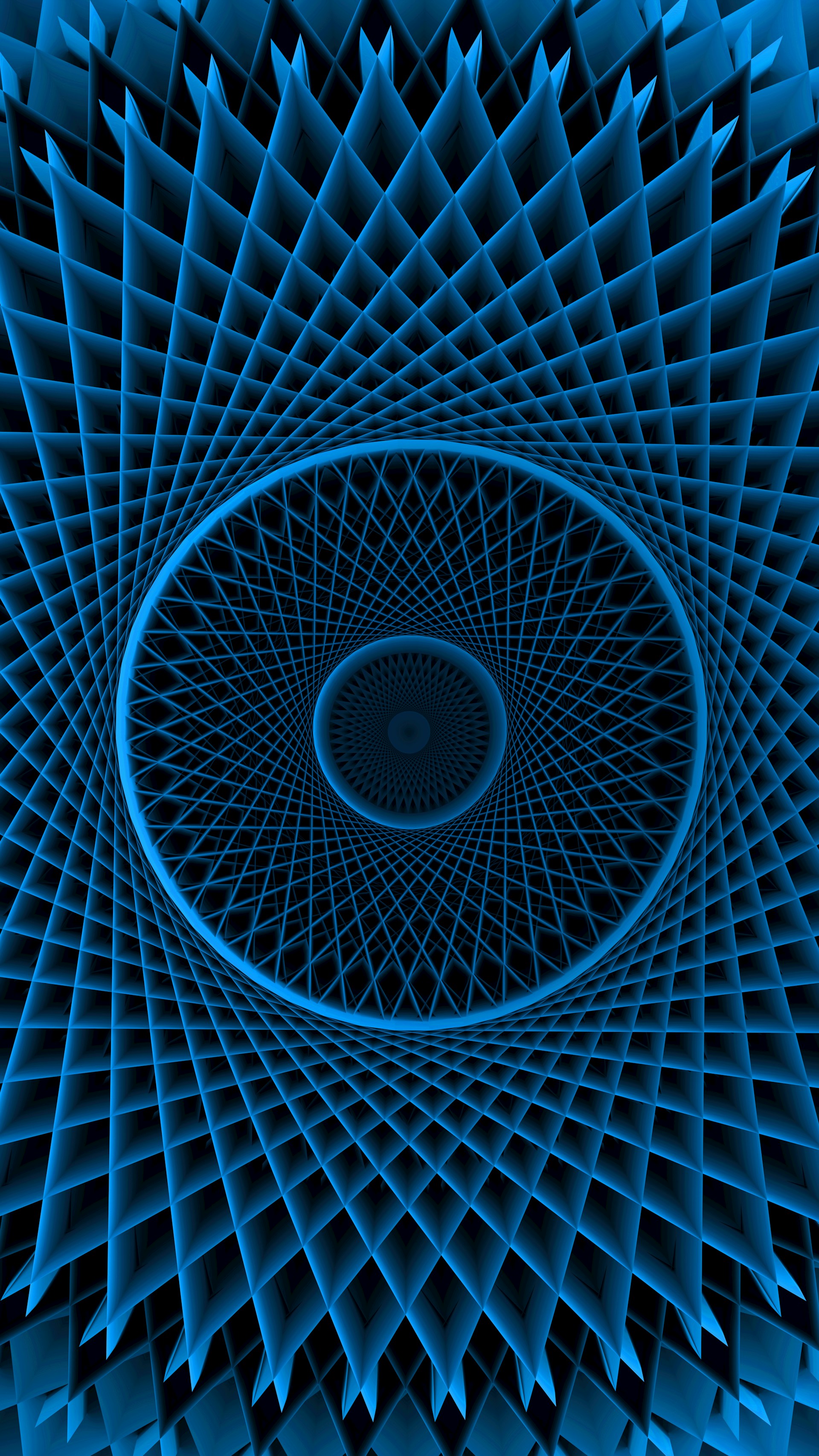 Blue, geometric, and abstract design creates a tunnel.