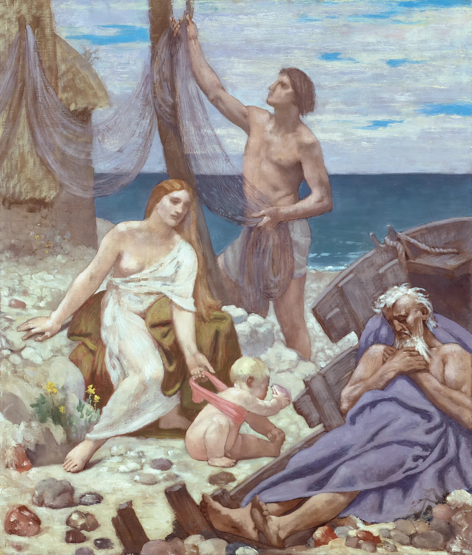Fishermen and family on a rocky beach with a boat