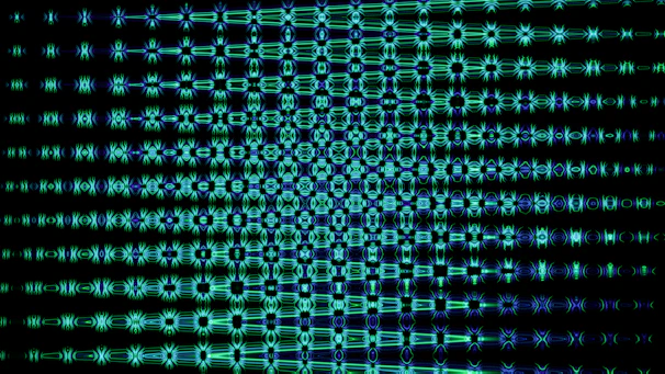 Blue and green abstract pattern against a dark background.