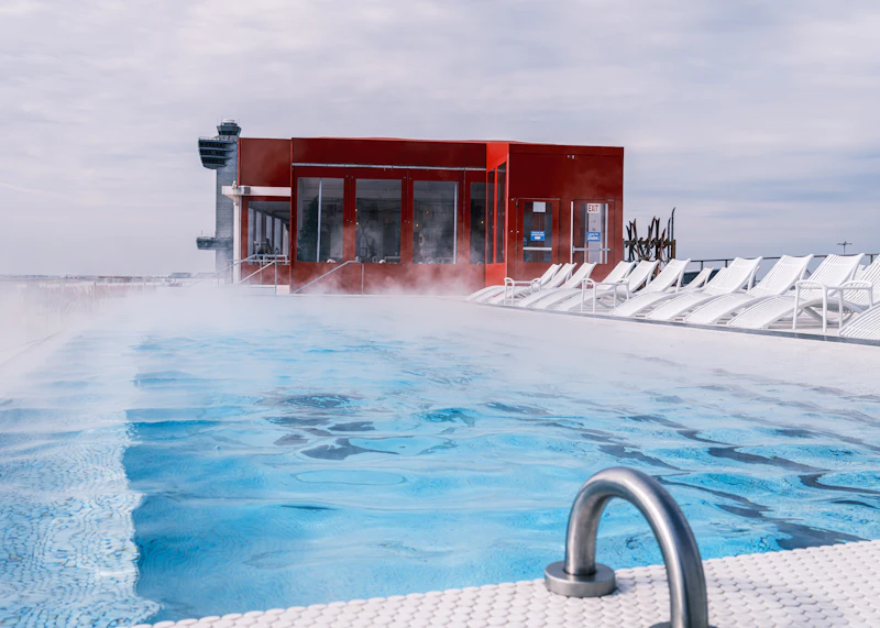 Rooftop hotel pool with skyline view