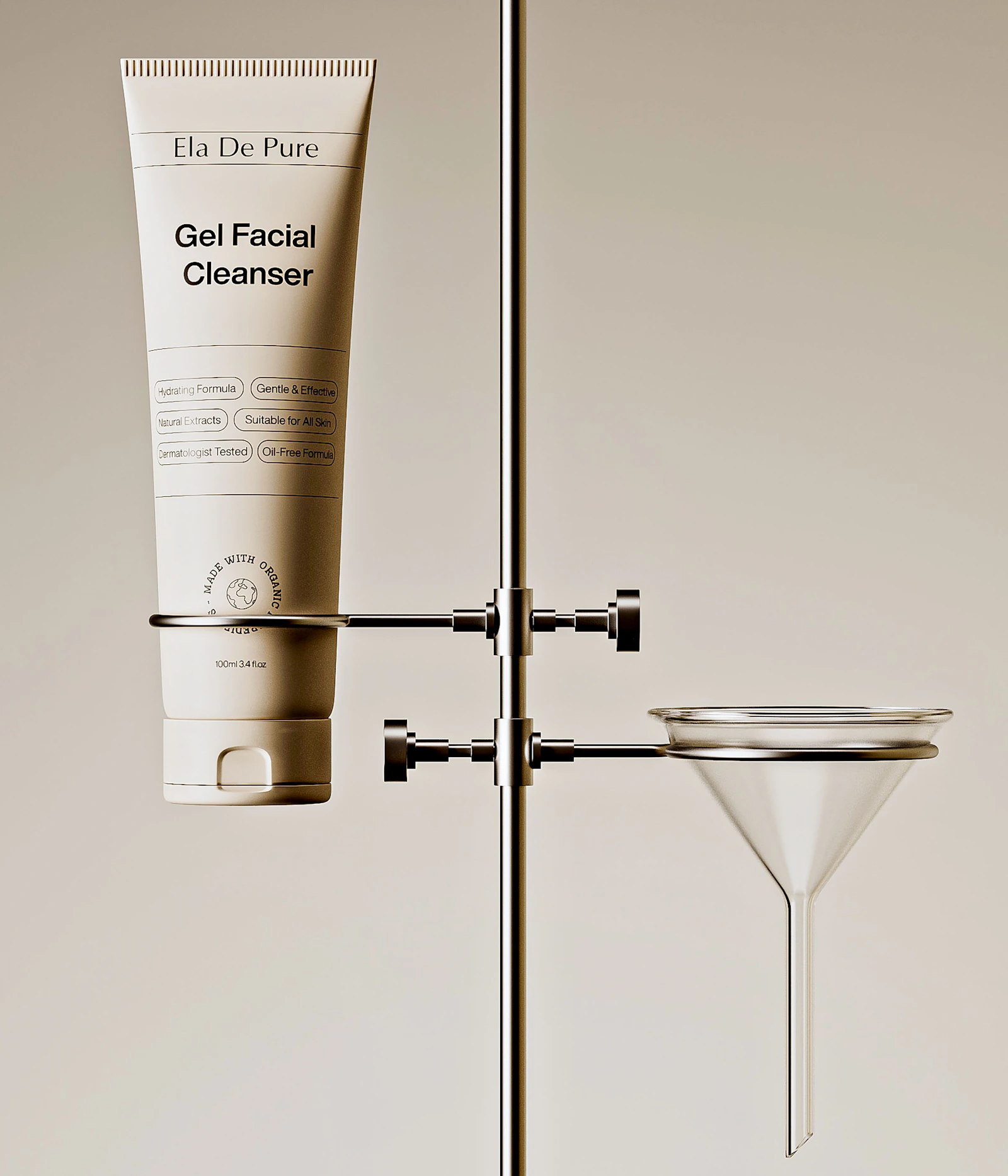 Minimal facial cleanser bottle in a skincare laboratory setting