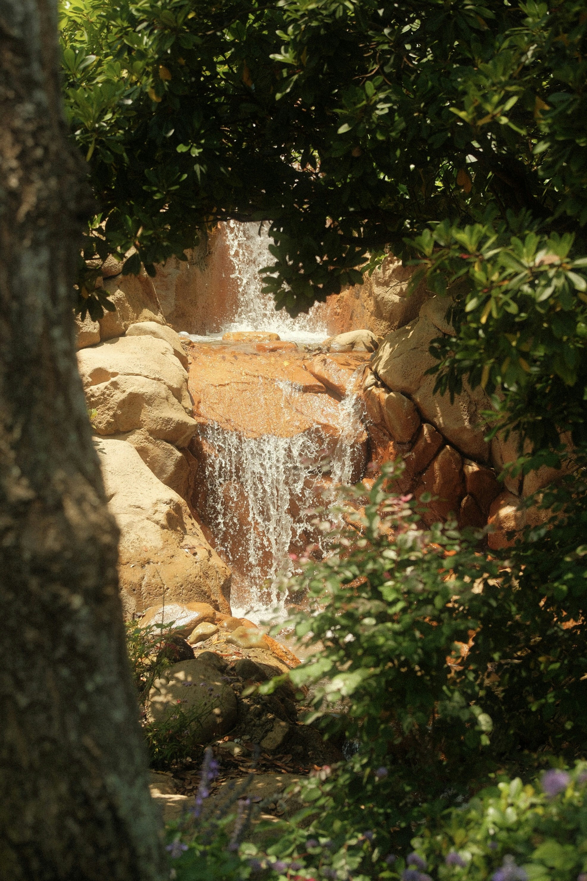 Ein malerischer Wasserfall fließt durch Felsen und Grün.