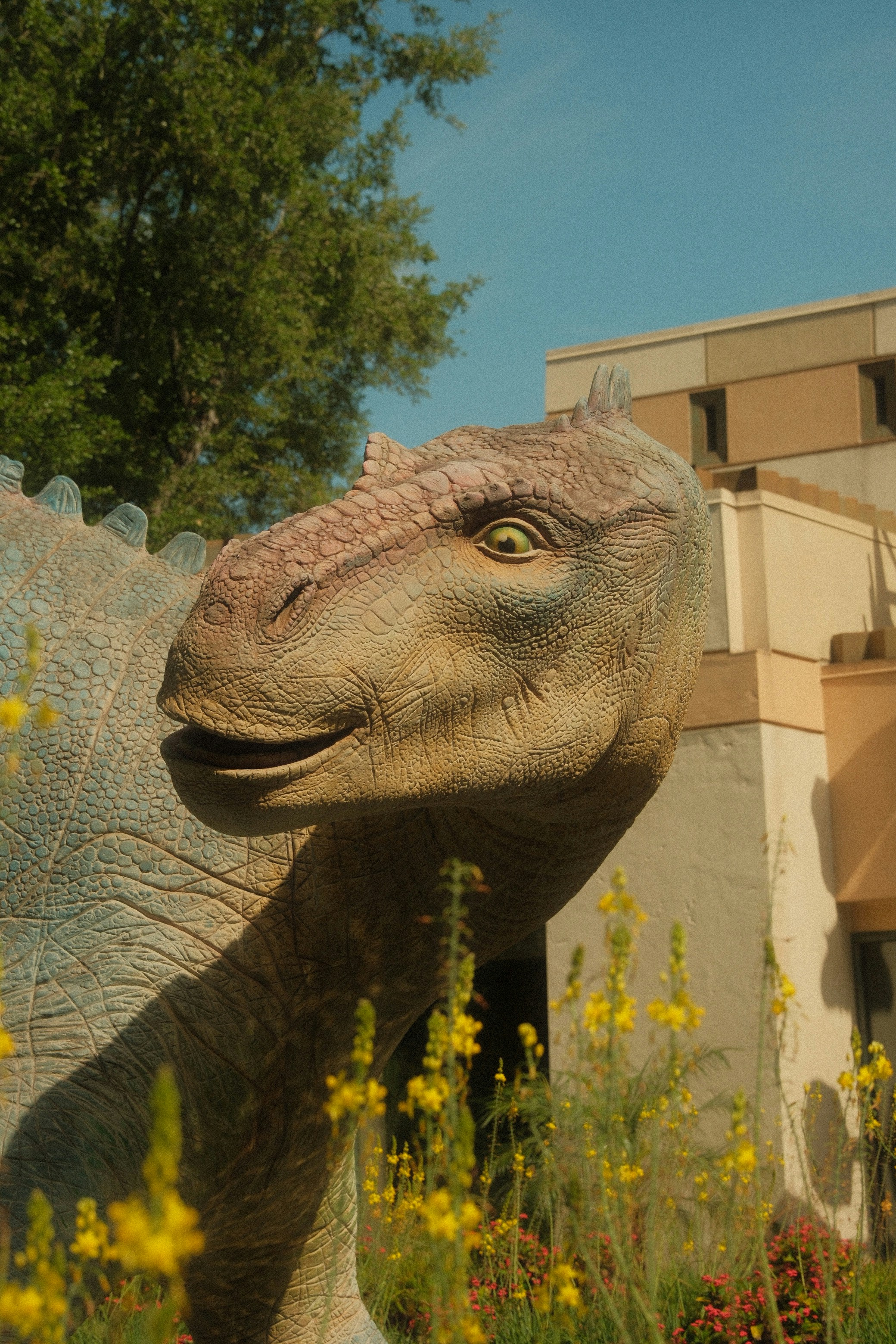 Eine Dinosaurierstatue steht neben einem Gebäude.