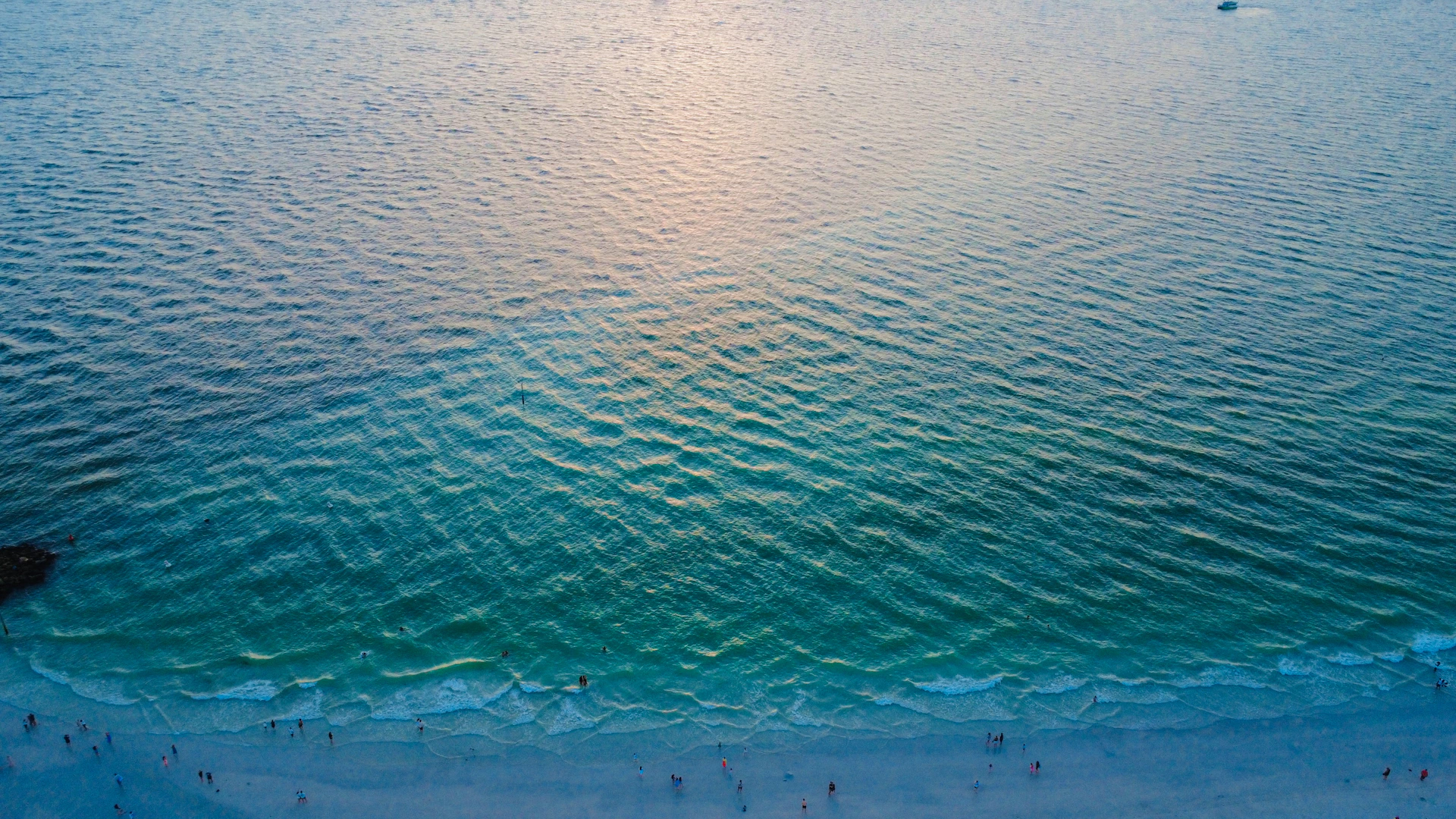 The calm ocean waves gently kiss the shoreline.