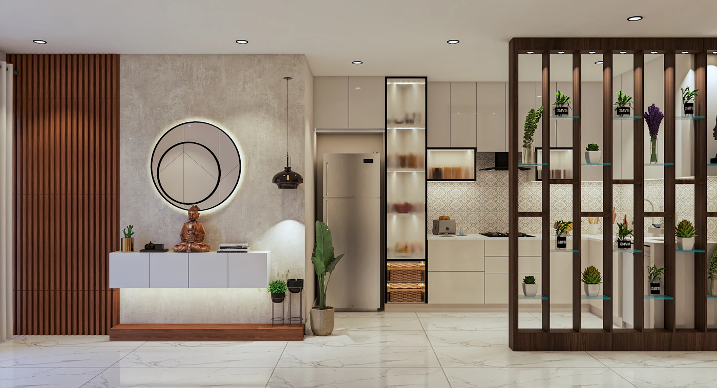 Powder corner with wooden jaali partition and round mirror