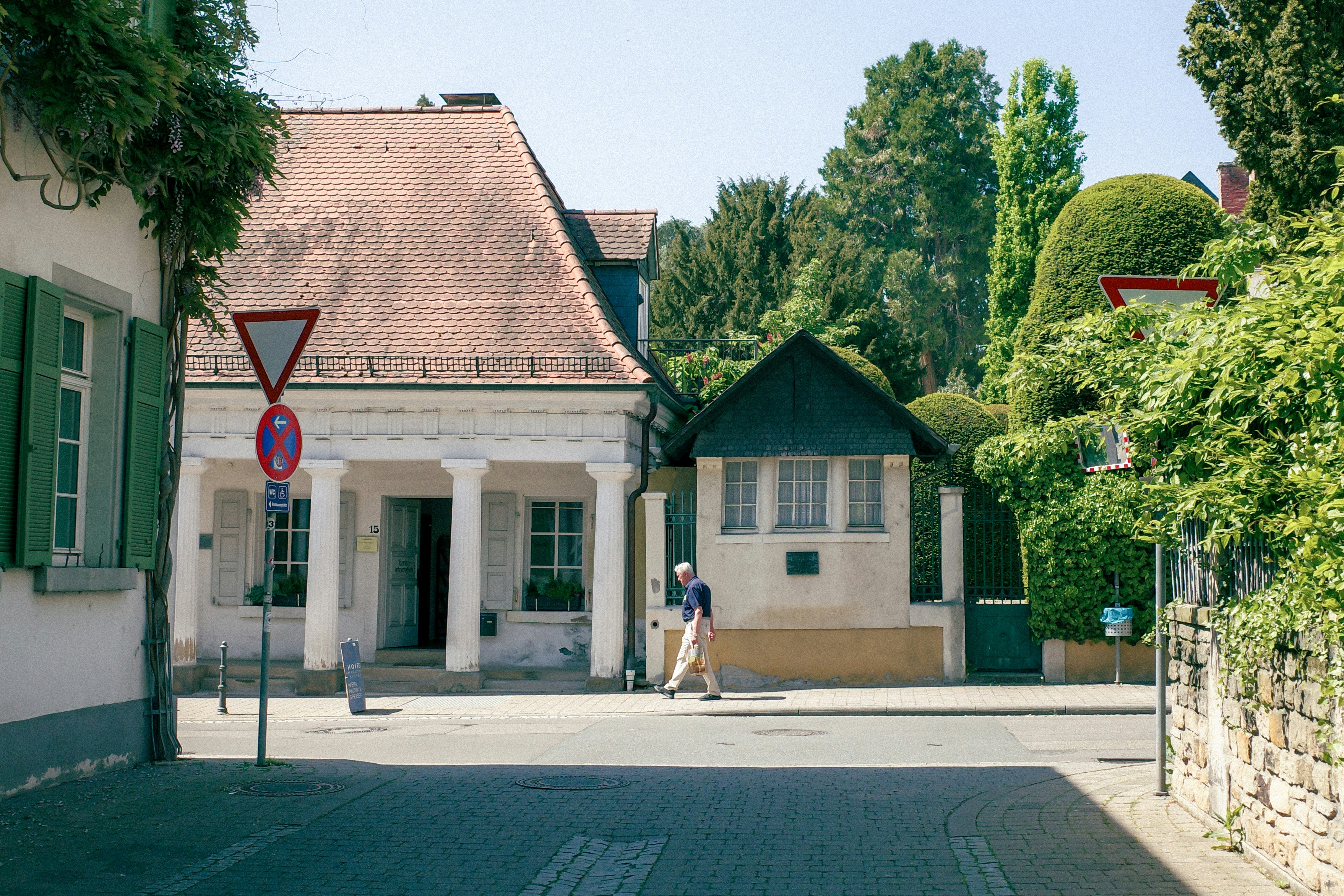 A person walks across a picturesque street.