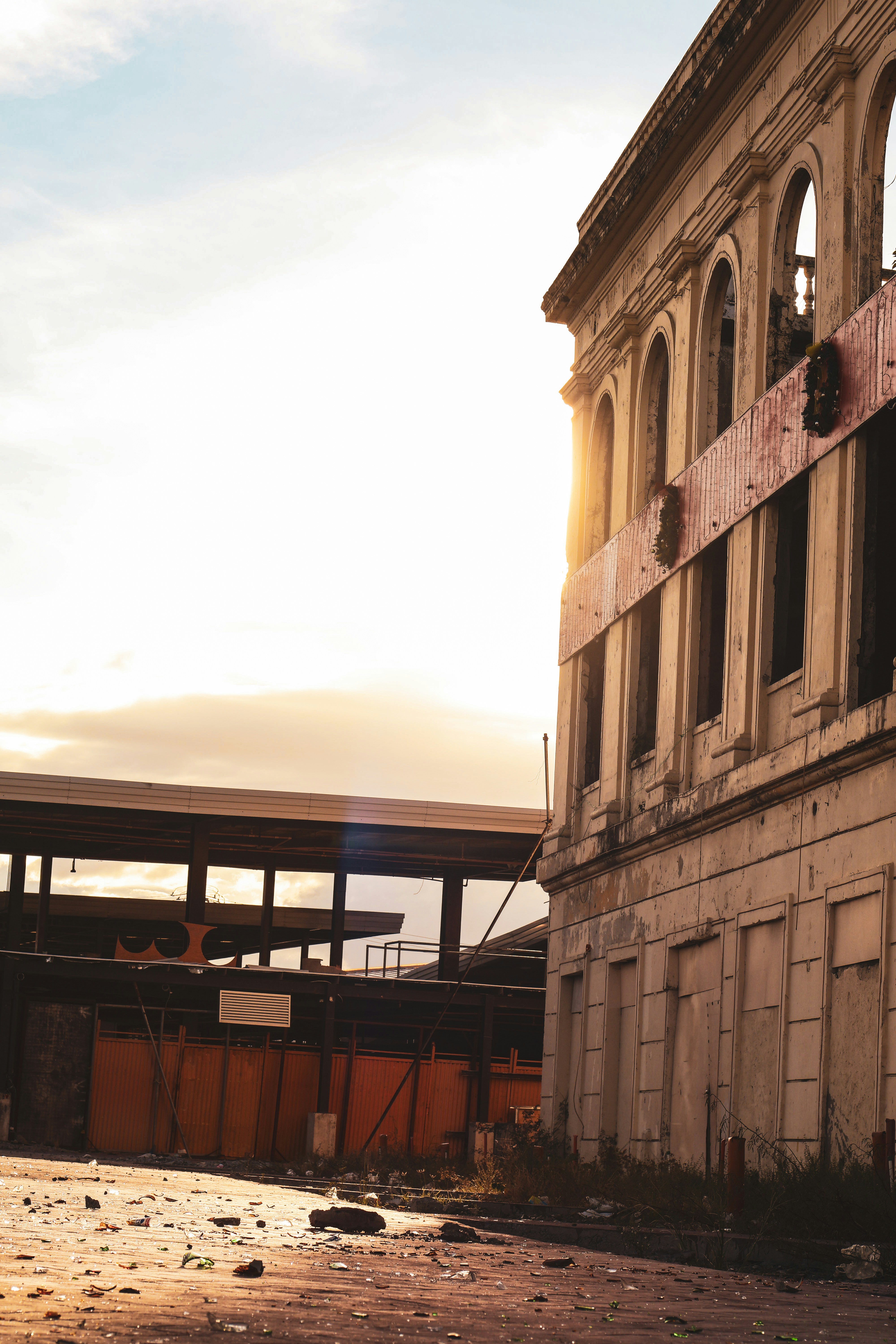Old, derelict building in bright sunlight.
