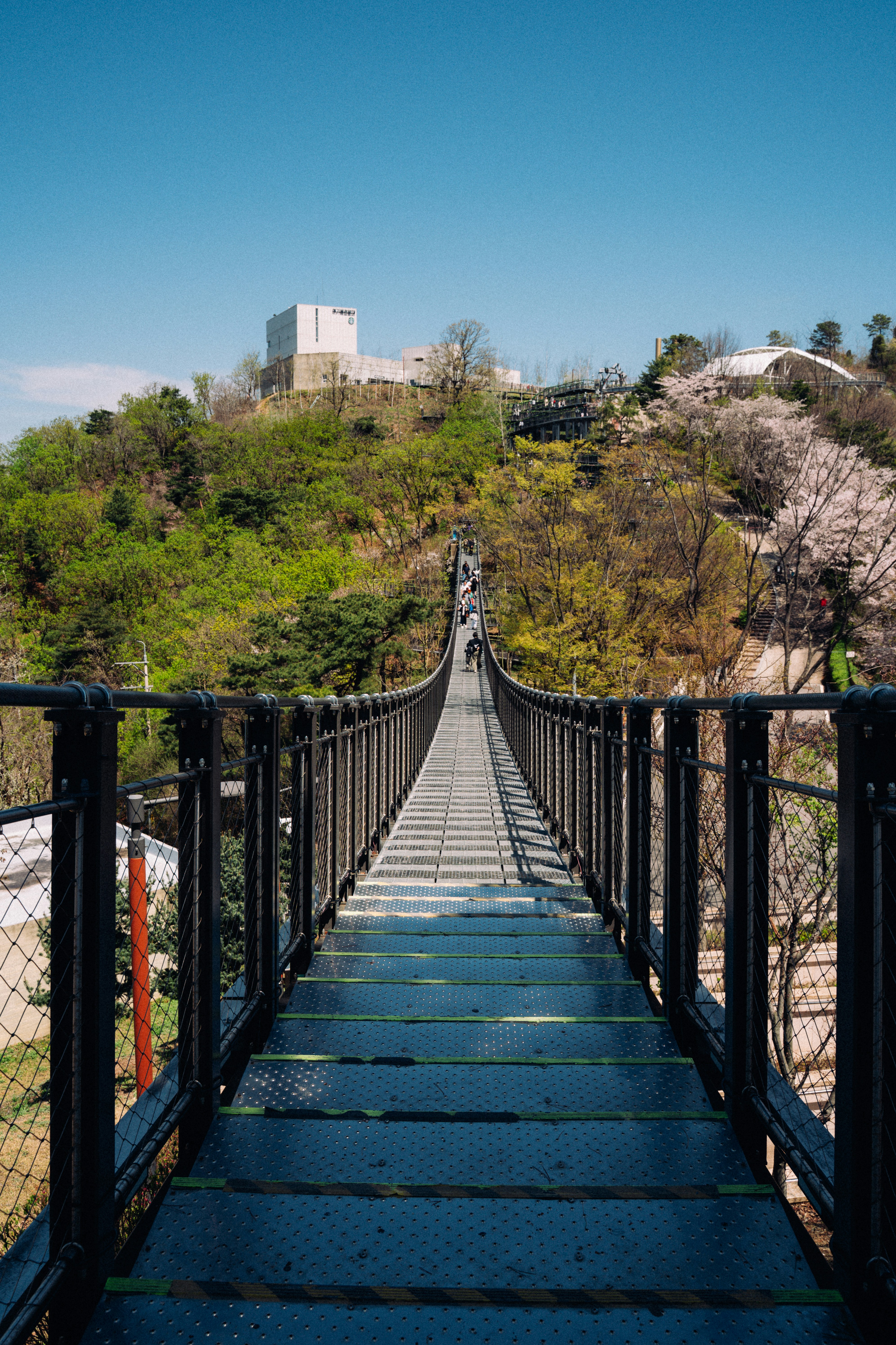 Suspension bridge leads to a building on the hill.