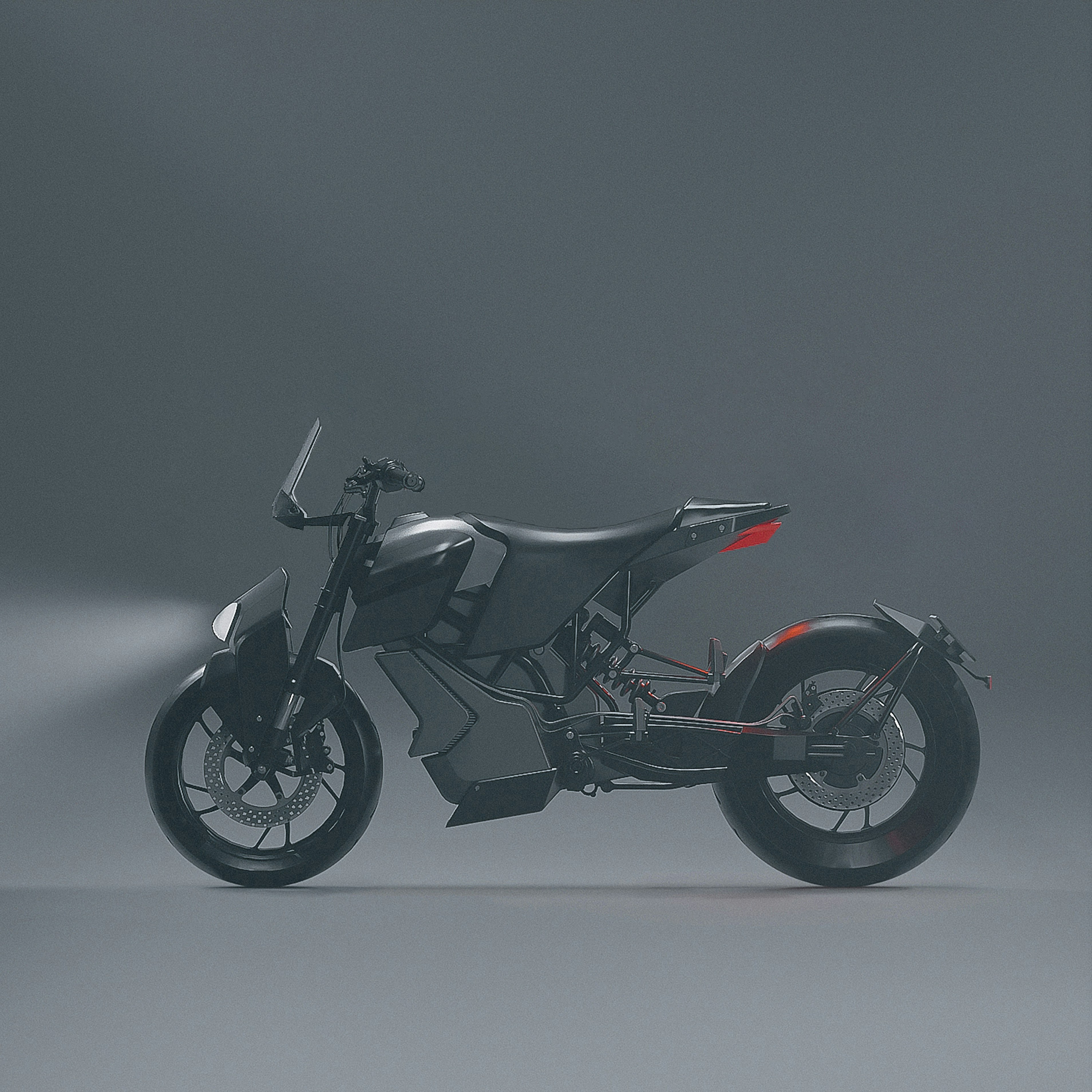 Here's a caption for the image: a sleek, modern motorcycle against a gray backdrop.