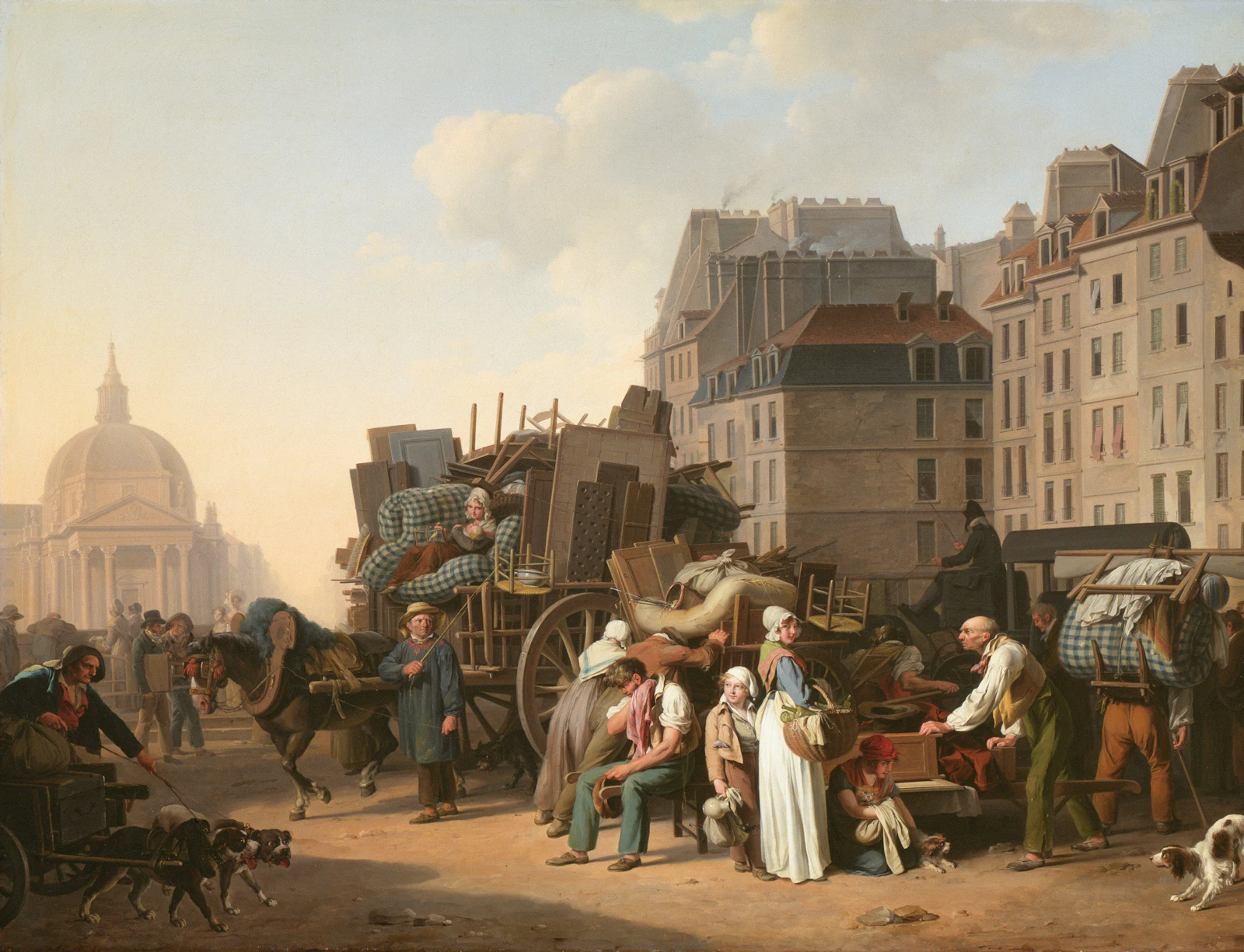 People and horse-drawn carts in a bustling city street