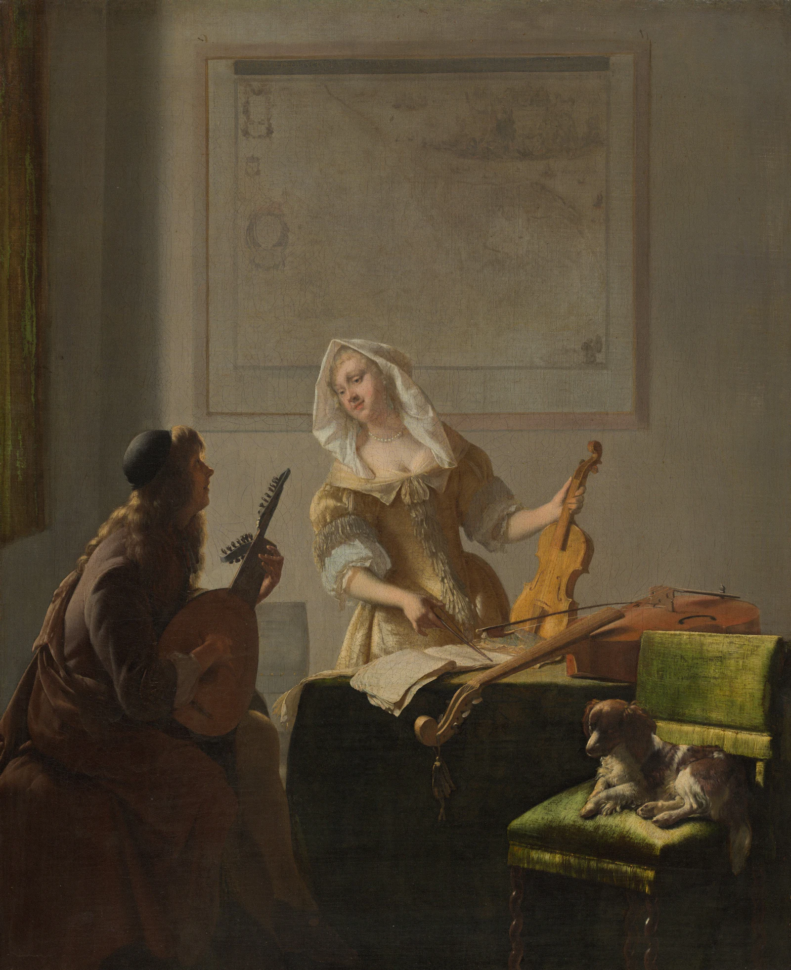 Musicians playing instruments in a room with a dog