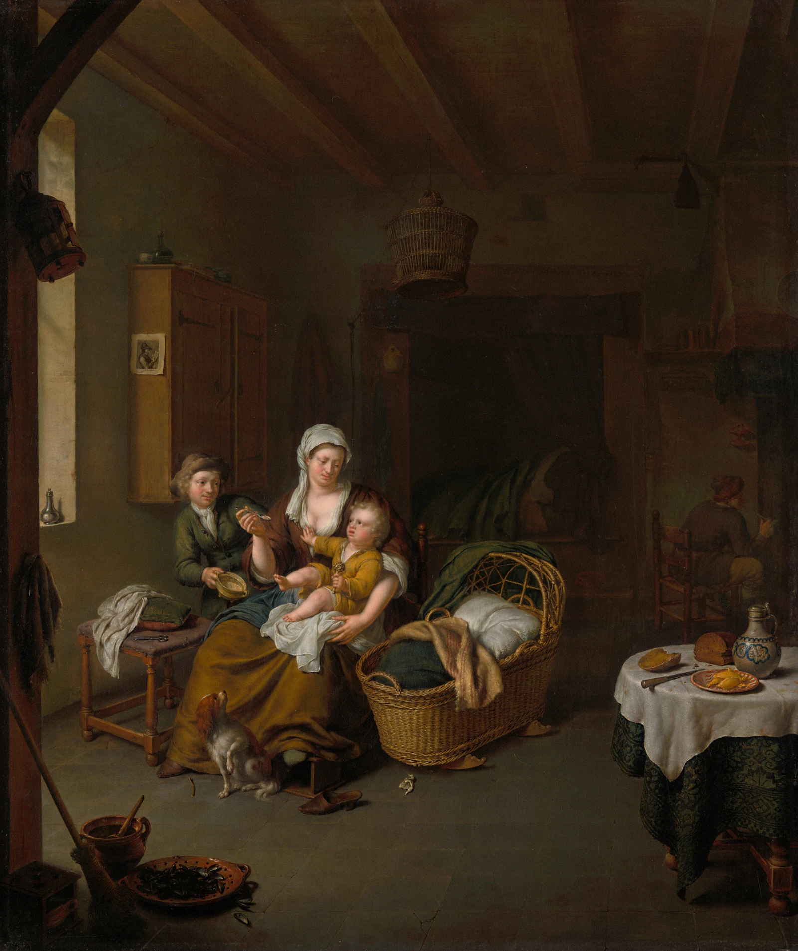 A mother with three children in a rustic interior