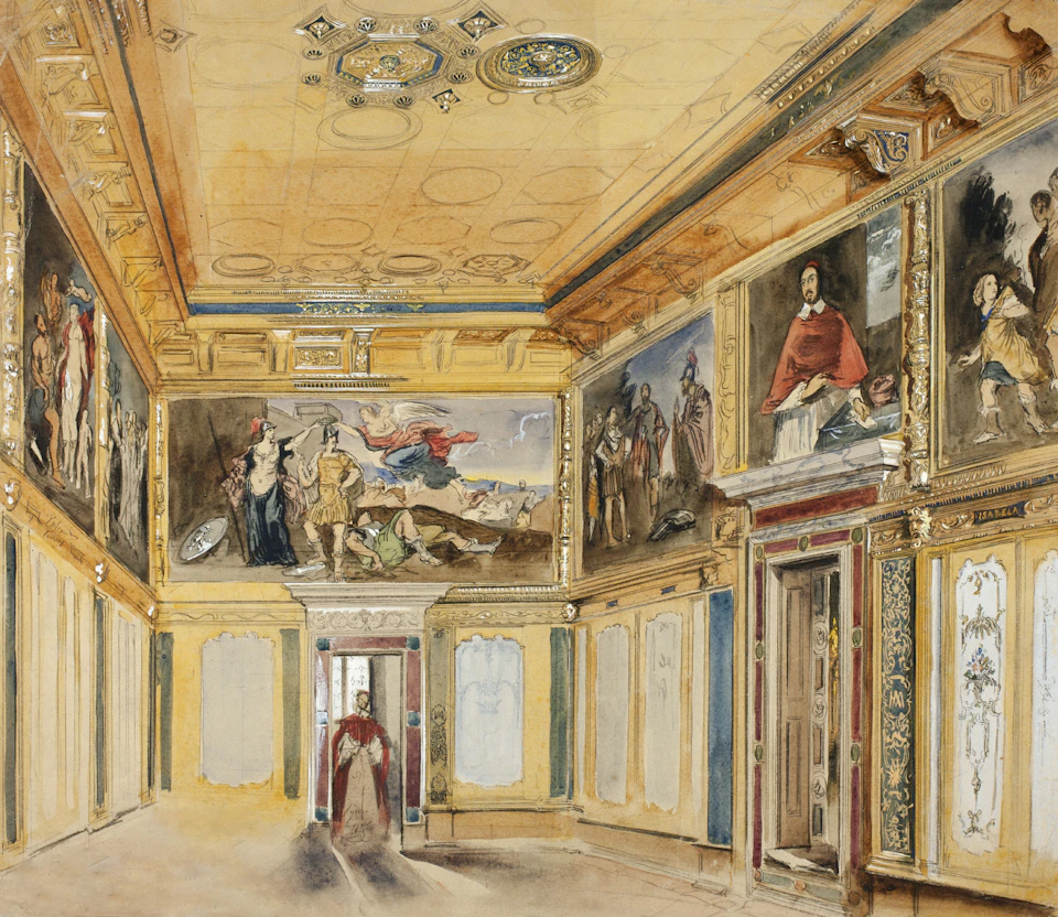 The image depicts a grand room with a high ceiling and ornate decorations, including paintings on the walls that add to its opulence. The room is filled with natural light streaming in from large windows, illuminating the space and highlighting the intricate details of the artwork. A man can be seen standing in the center of the room, surrounded by several other people who appear to be engaged in conversation or admiring the paintings on display.

The room features a variety of colors, including gold, red, blue, and green, which contribute to its overall grandeur. The high ceiling is adorned with numerous paintings that add depth and dimension to the space.
