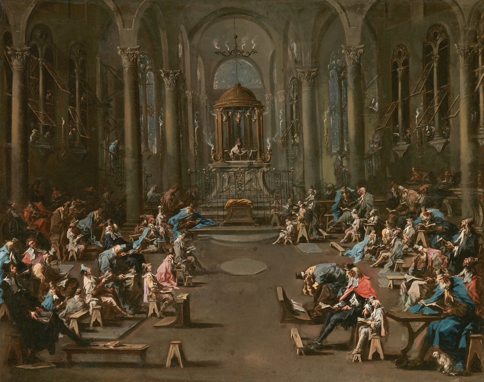 A grand hall filled with people seated and standing