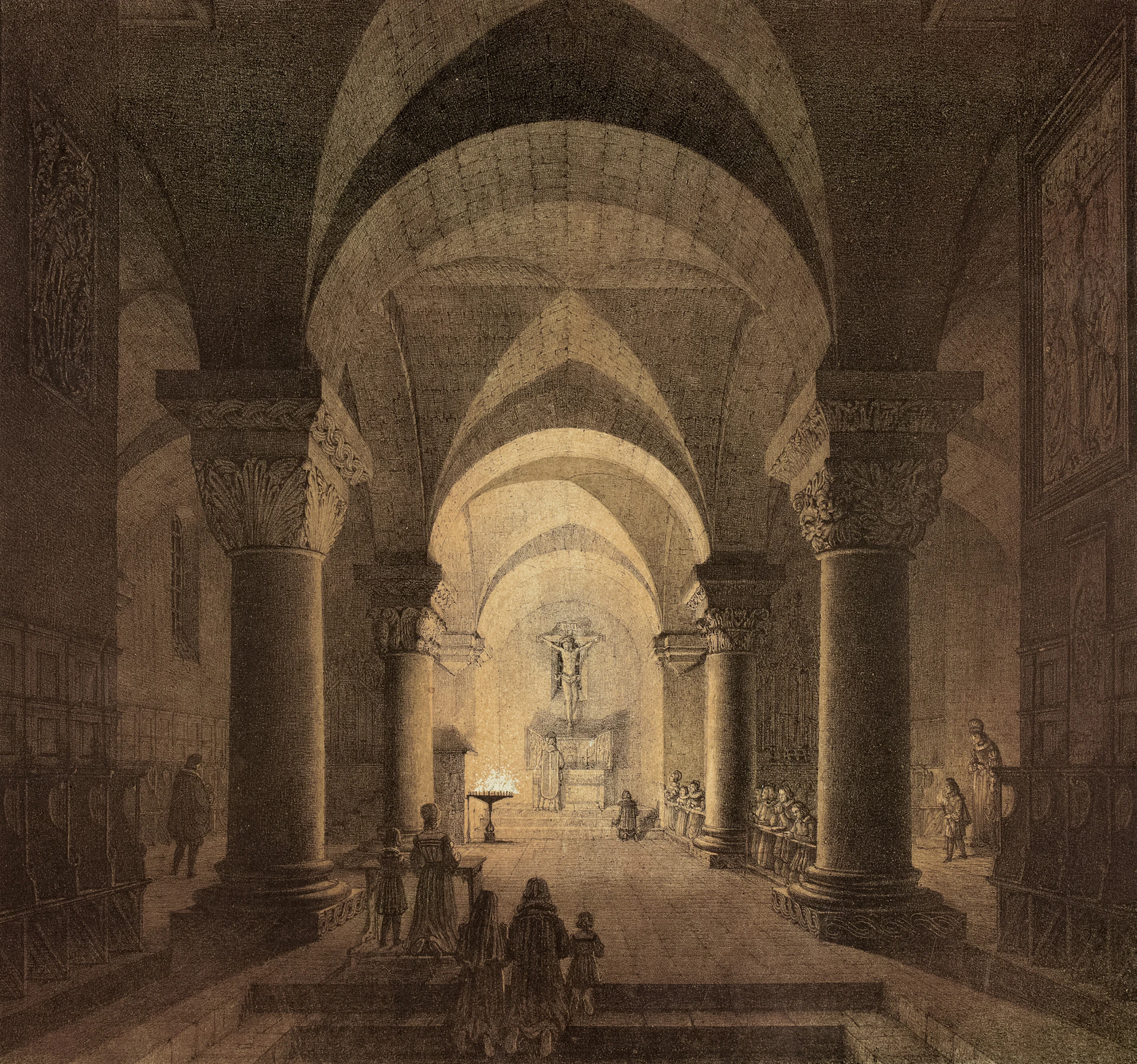 Interior of a grand cathedral with arched ceilings and columns