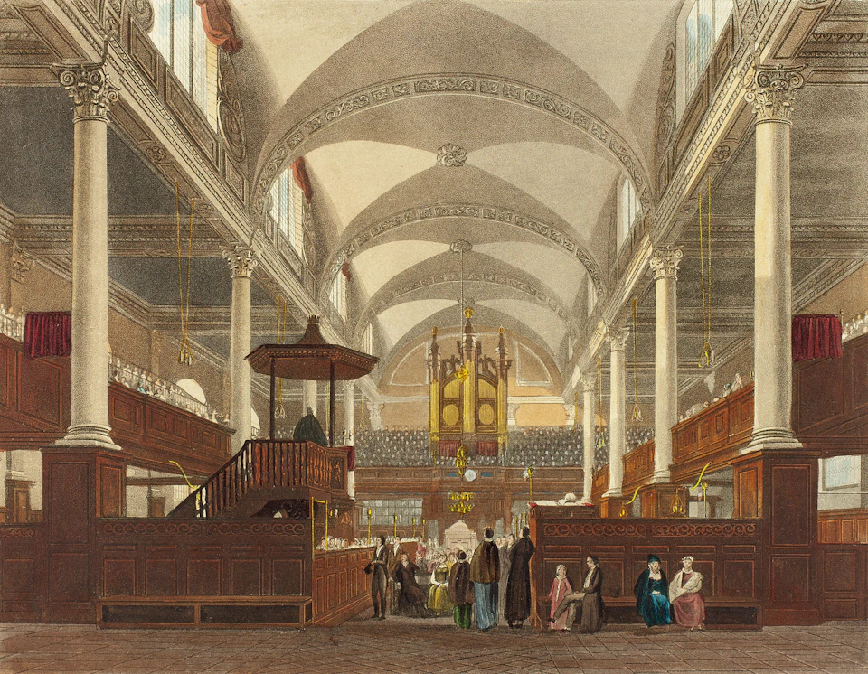 The image depicts a grand, ornate church interior with high ceilings and large arches. The walls are adorned with intricate carvings and decorations, adding to the overall majesty of the space. A group of people can be seen gathered in the center of the room, suggesting a communal or religious event taking place.

The church features multiple levels, each with its own unique architectural style and design elements. The high ceilings are supported by numerous columns that add to the sense of grandeur. In one area, there is a large wooden altar, while another section has a smaller wooden structure. A few people can be seen sitting on benches in this part of the church, possibly participating in a service or event.
