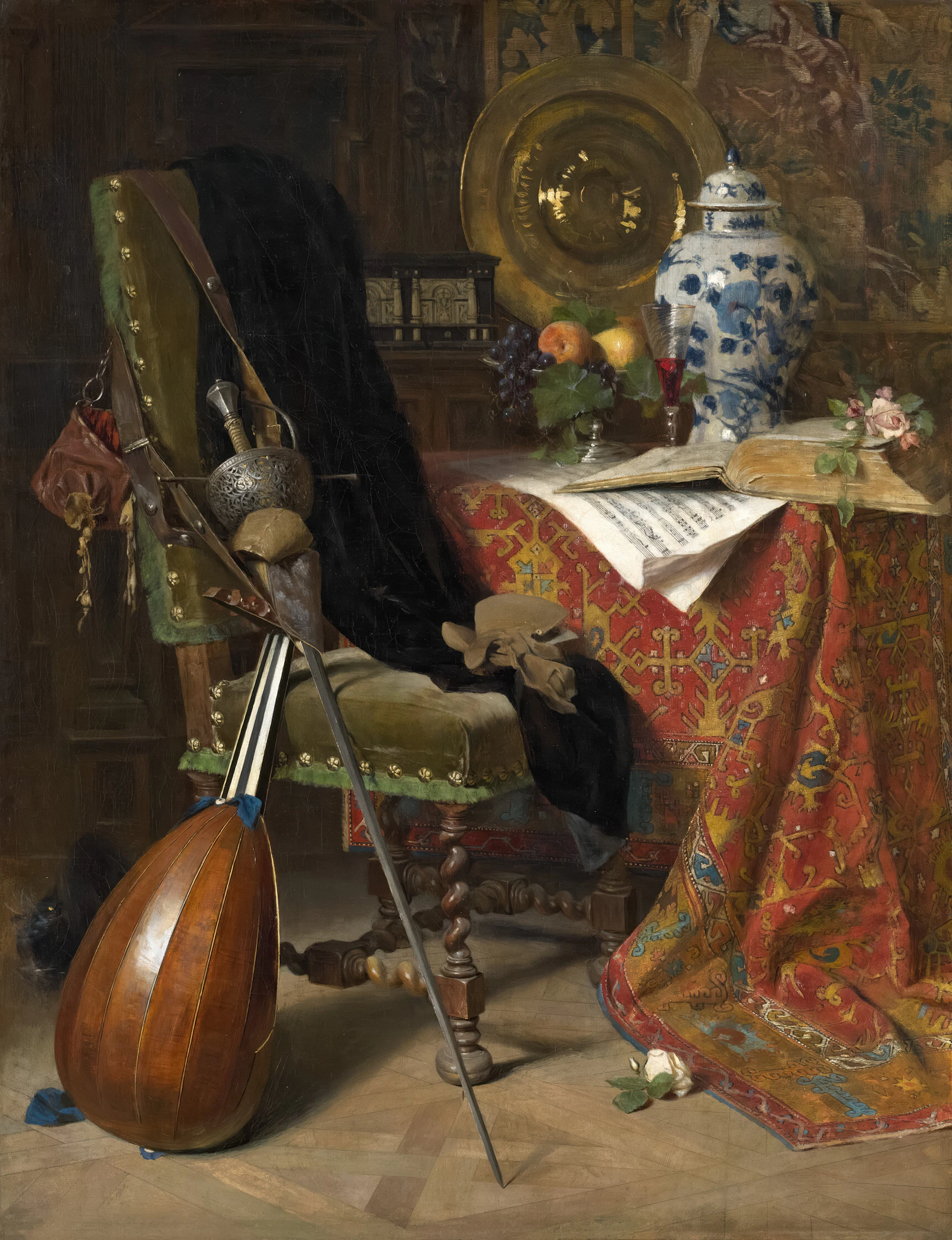 Still life with lute, sword, and vase on a table