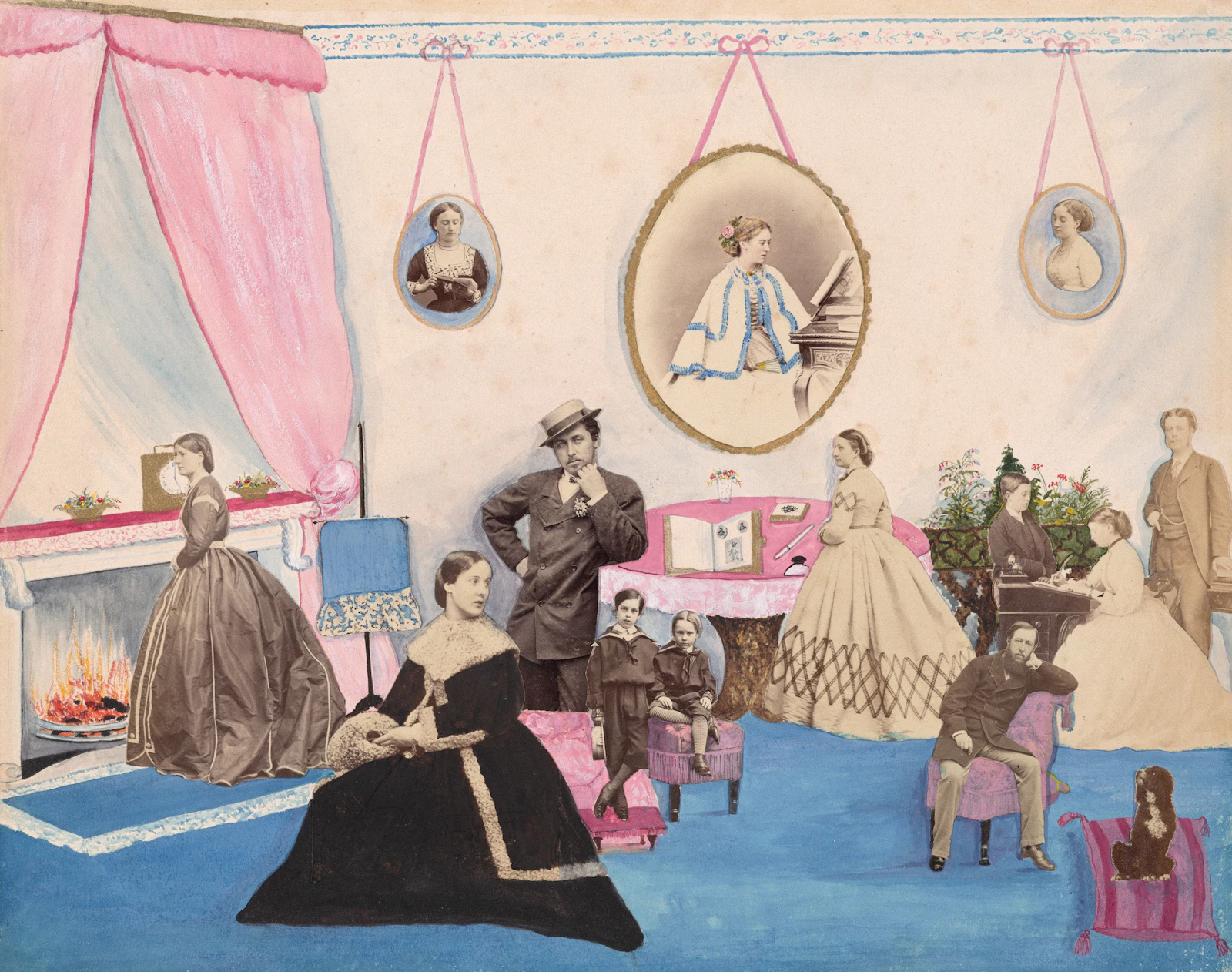 Watercolor drawing room with photographic figures arranged in a collage.