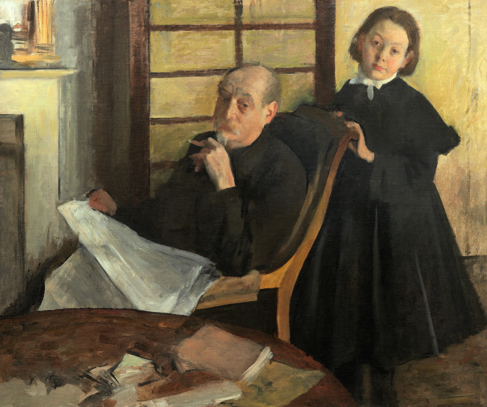 Henri Degas reads a newspaper while his niece Lucie stands behind his chair.