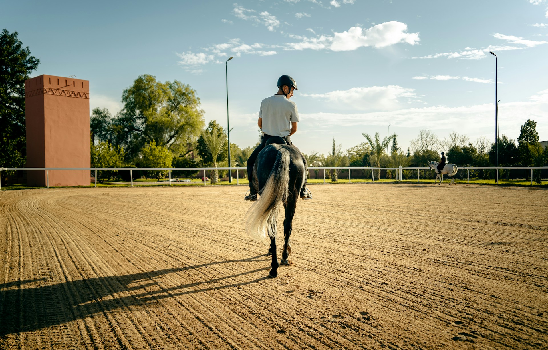 A person rides a horse in a sand arena.