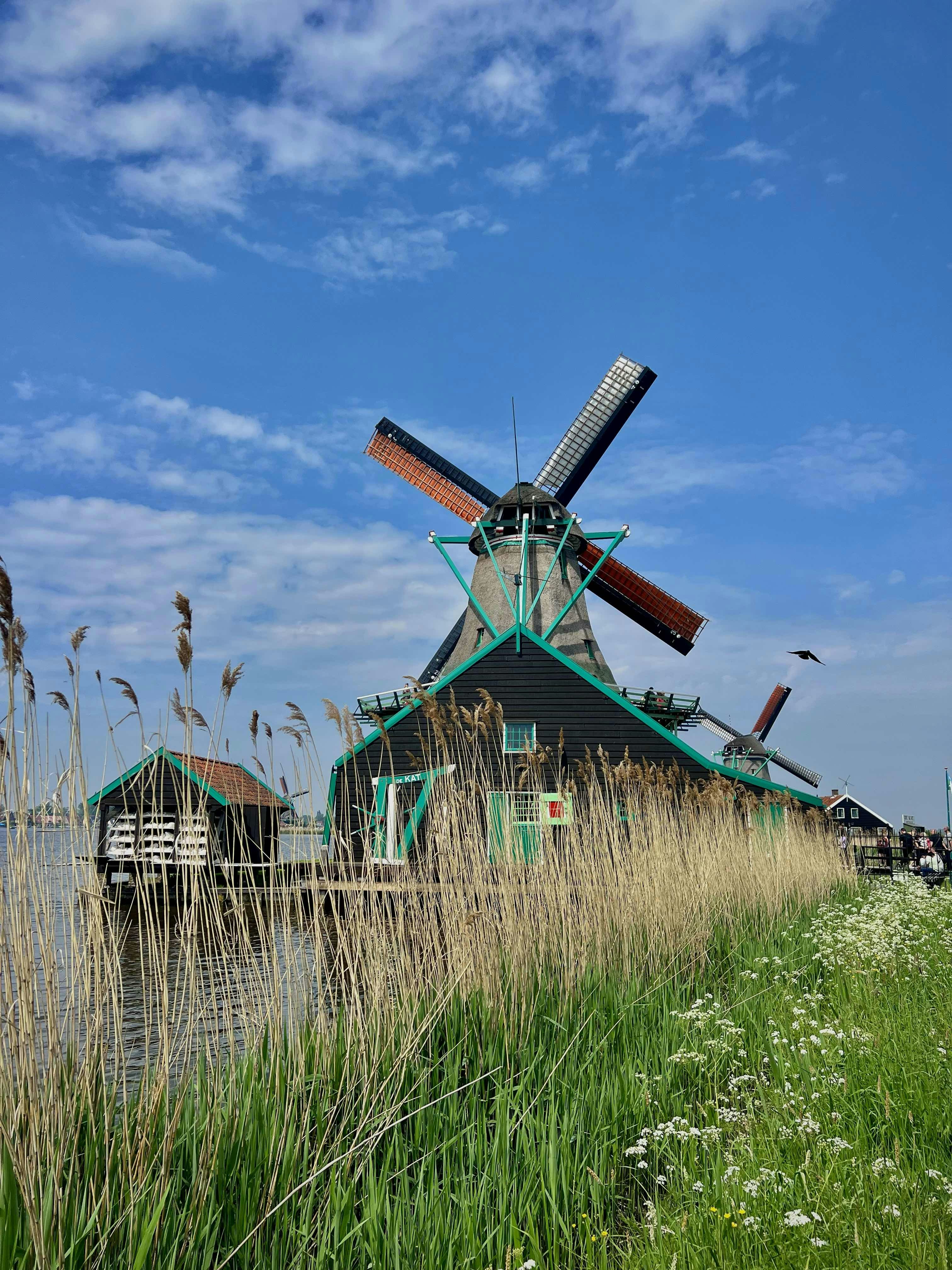 A dutch windmill stands tall on a sunny day.