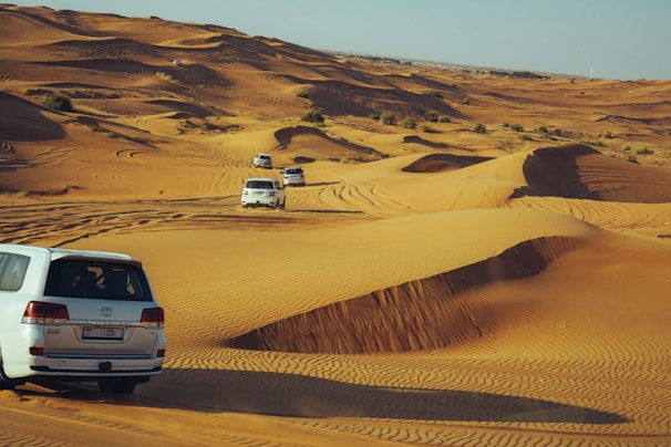 Cars explore the desert dunes under the sun.