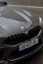 A wet bmw's front grill and license plate.