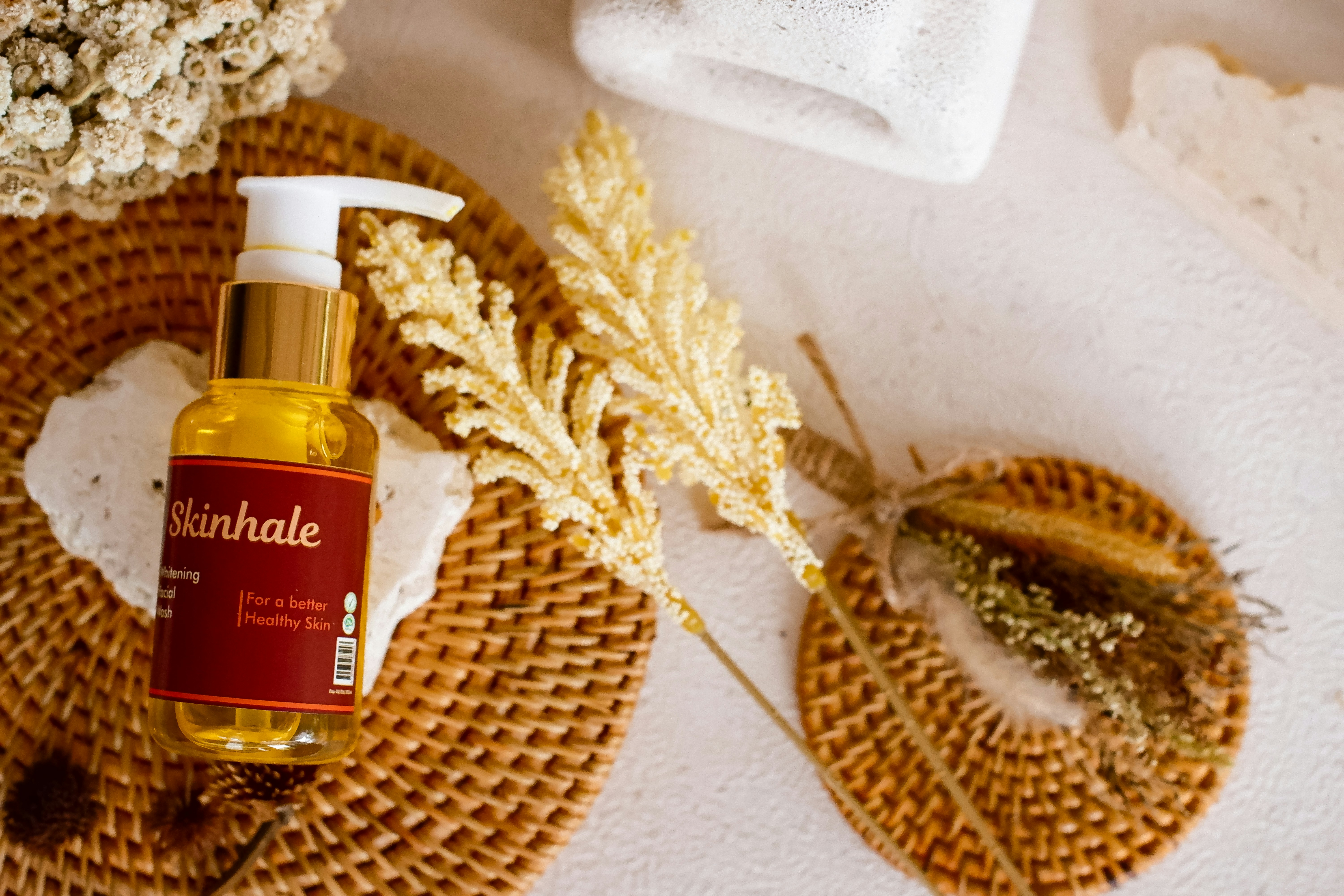 Skincare product with natural decorations displayed.