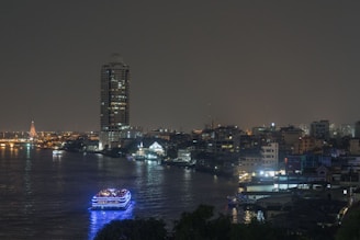 Nighttime cityscape view with a river and illuminated boat.