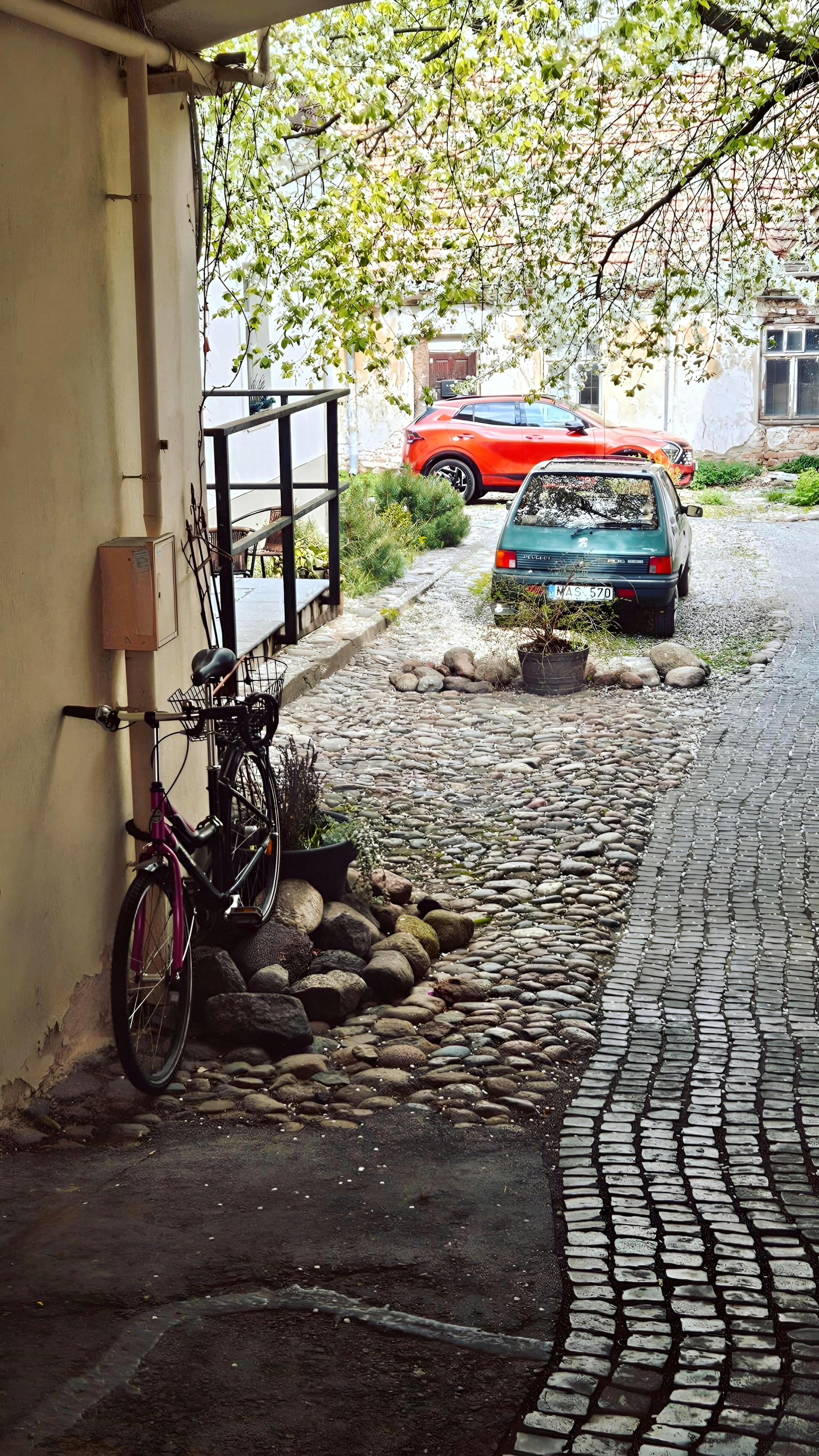 Una bicicletta e le auto in un vicolo di ciottoli.