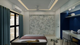 A modern bedroom features sleek design and decor
