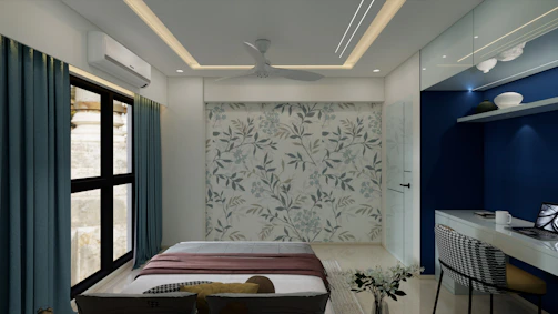 A modern bedroom features sleek design and decor