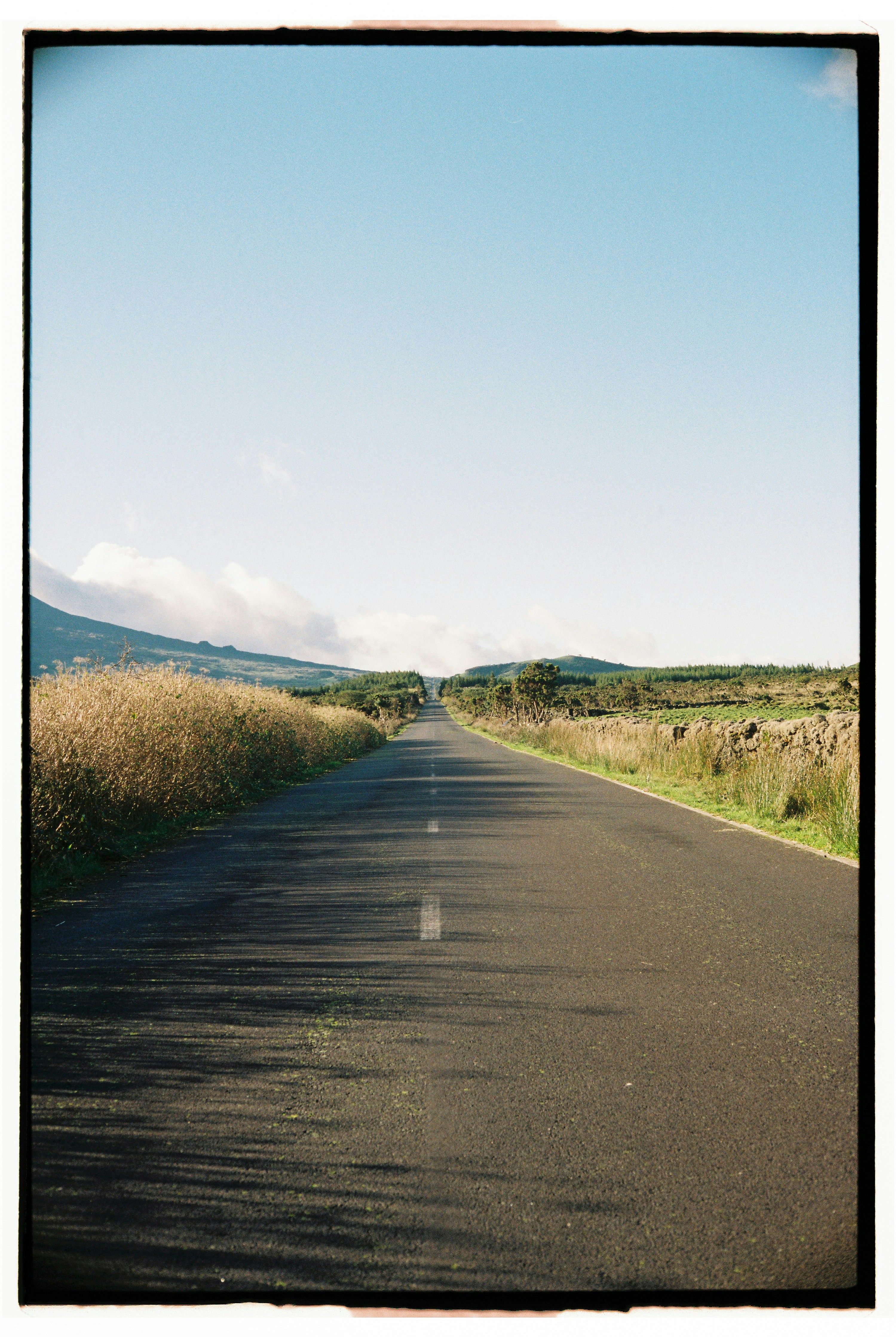A road stretches into the distance under a blue sky.