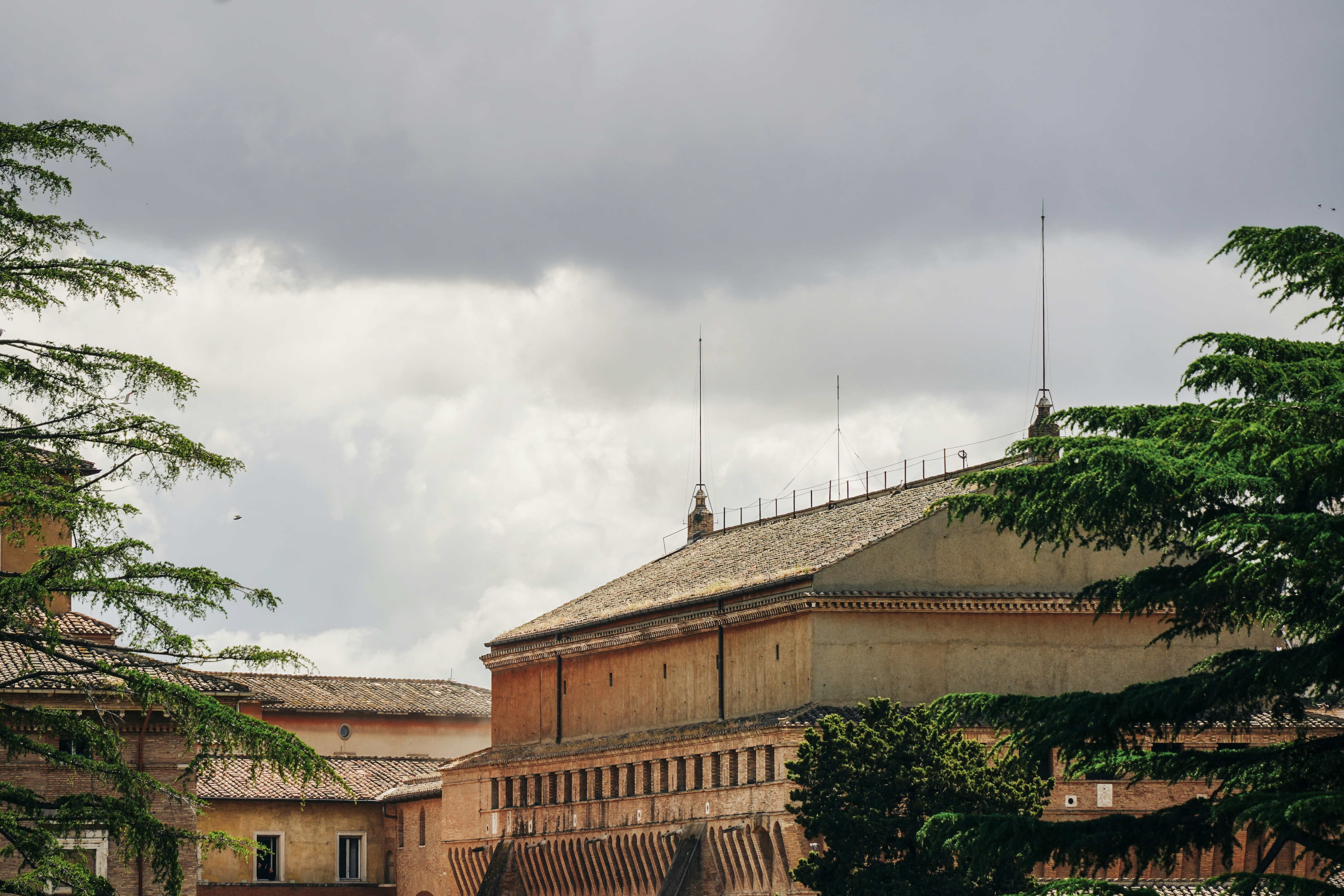 Building with lightning rods under a cloudy sky.