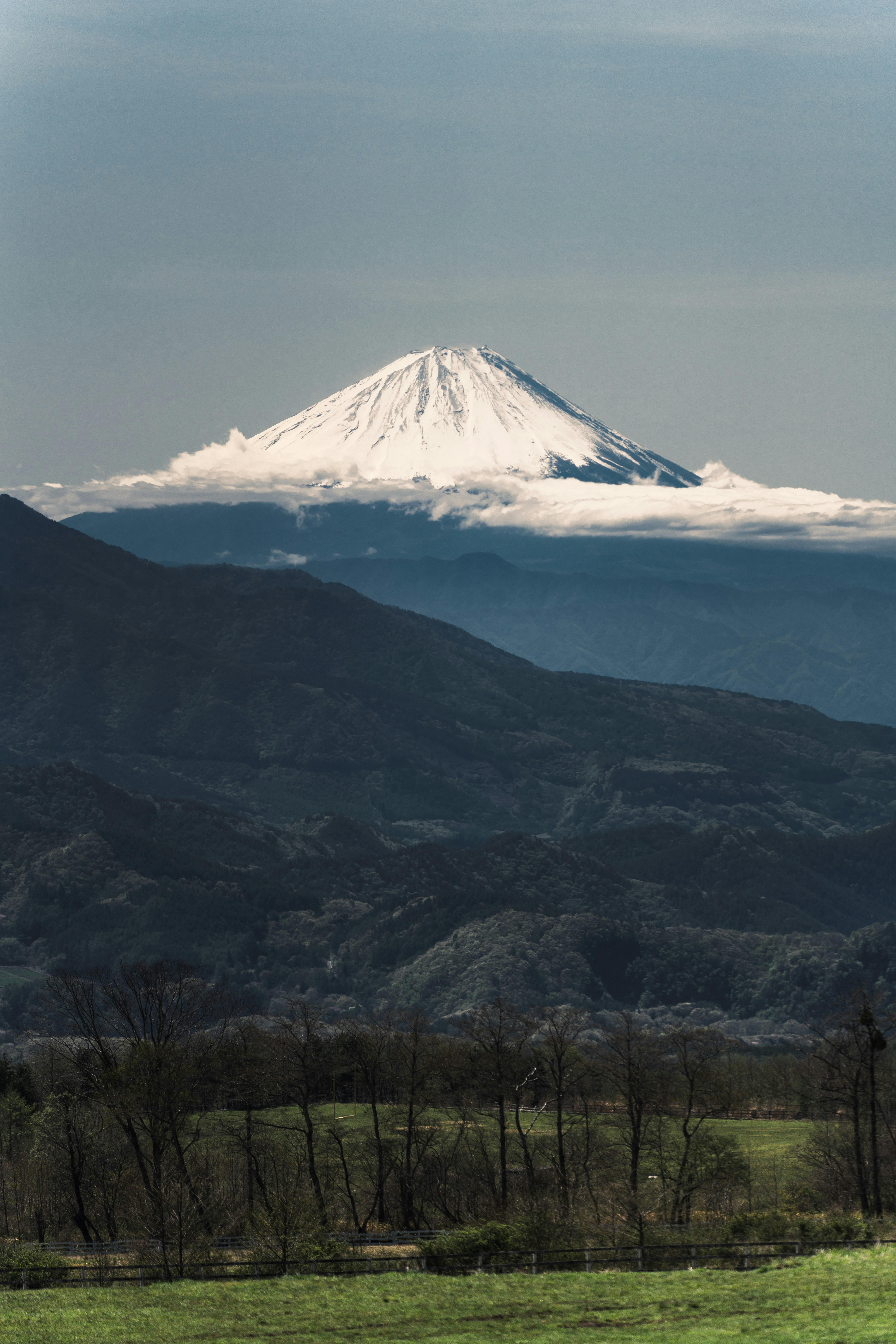 Mount fuji rises above the mountains.