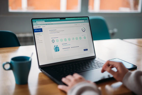 Person using a laptop to review a rewards program.