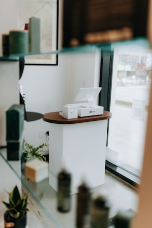 Retail display with products and shelving.