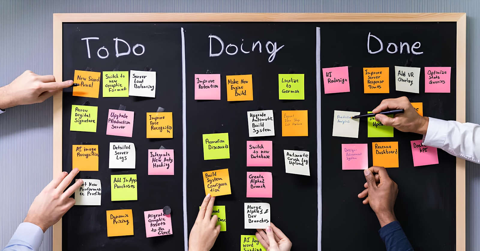 Team using a kanban board for sprint task management