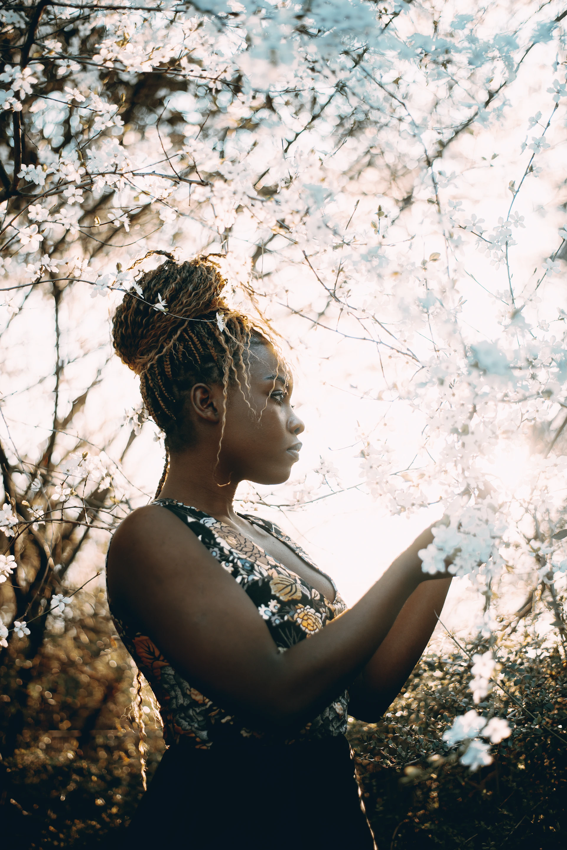 Woman admires blossoming flowers in the sunlight.