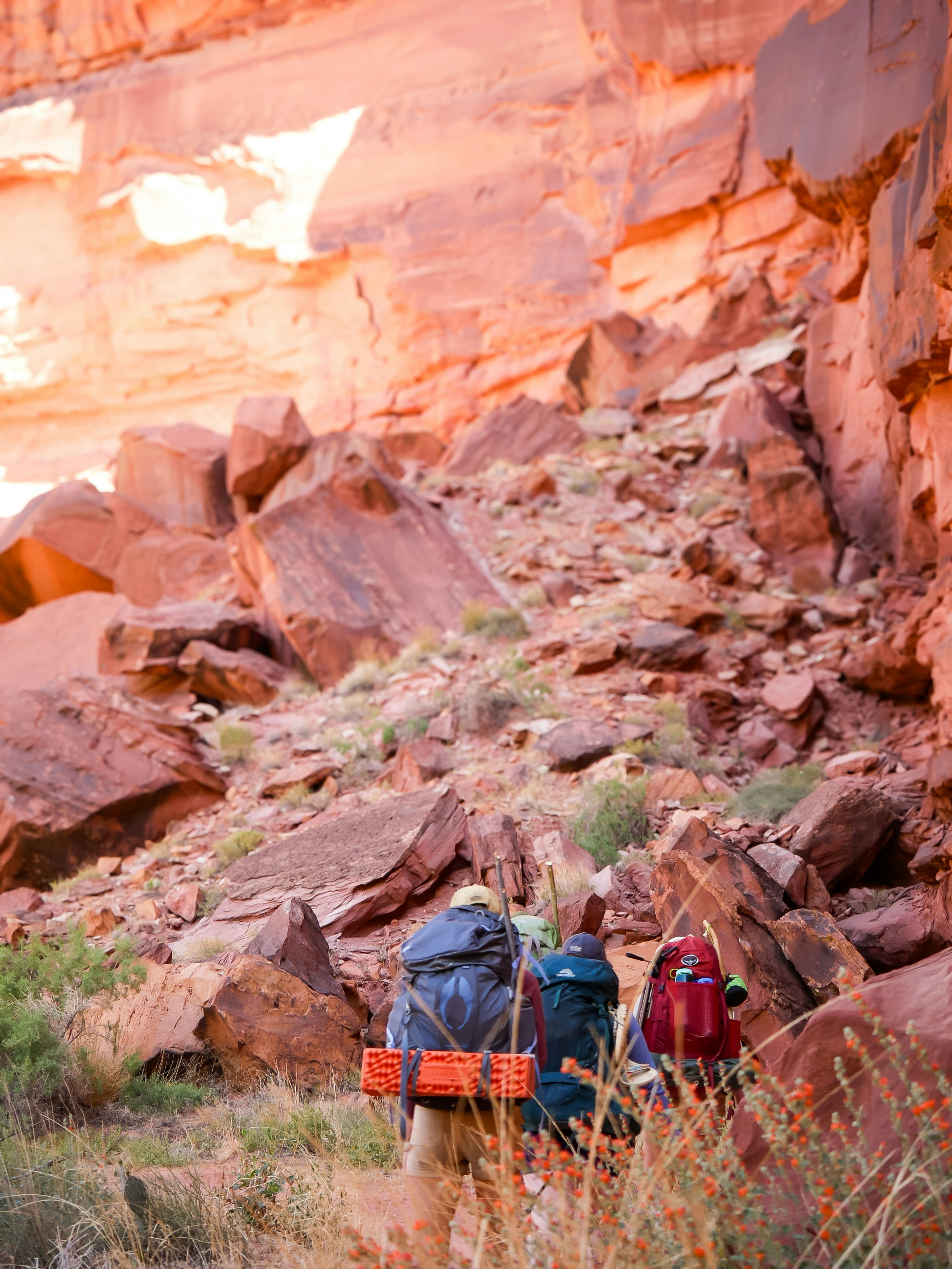 Hikers trek through a red rock canyon.