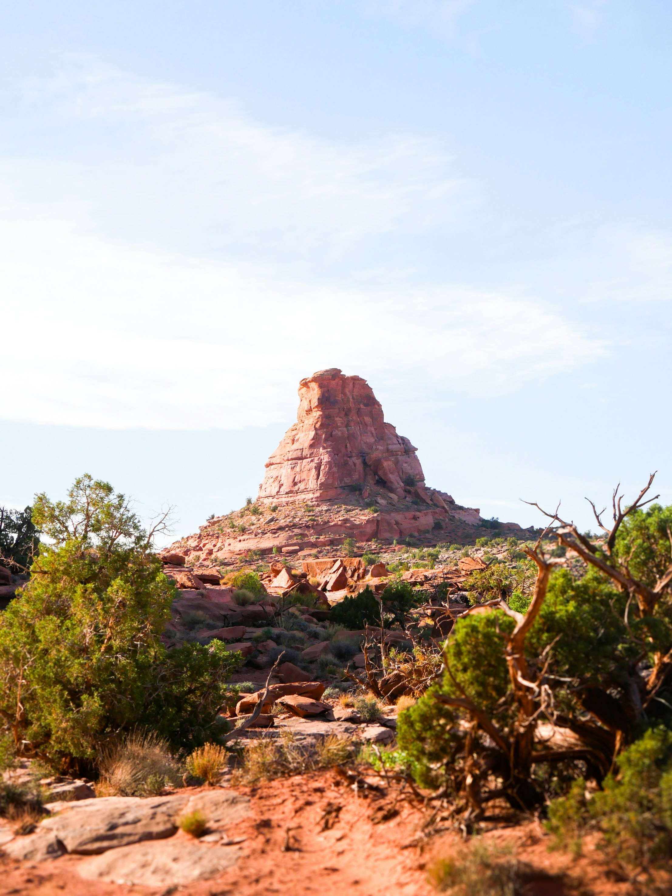 Red rock formation stands tall in the desert.